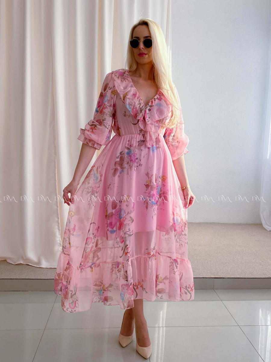 Ľahučké spoločenské šaty s volánom na dekolte rose ružové AB 99