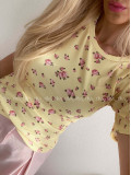 Rebrovaný top s puf rukávmi kvetinkový žltý AB 109