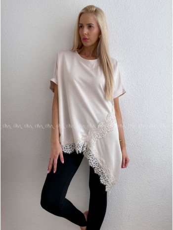 Asymetrické voľné tričko s krajkou béžové AB 117
