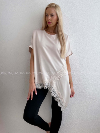 Asymetrické voľné tričko s krajkou béžové AB 117