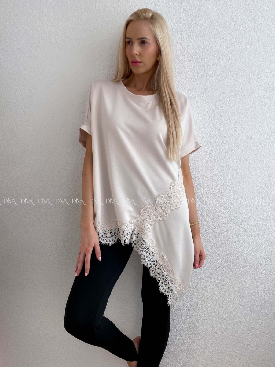 Asymetrické voľné tričko s krajkou béžové AB 117