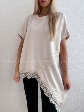 Asymetrické voľné tričko s krajkou béžové AB 117