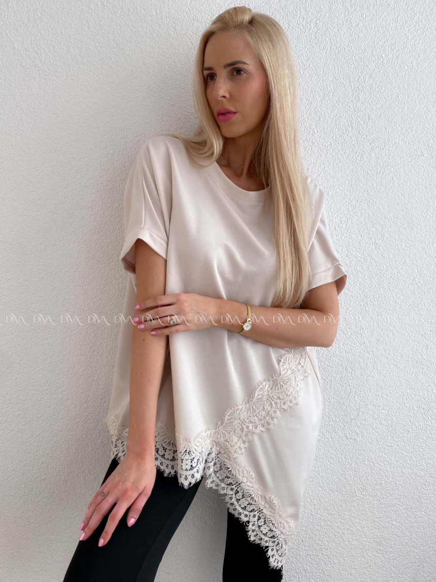 Asymetrické voľné tričko s krajkou béžové AB 117