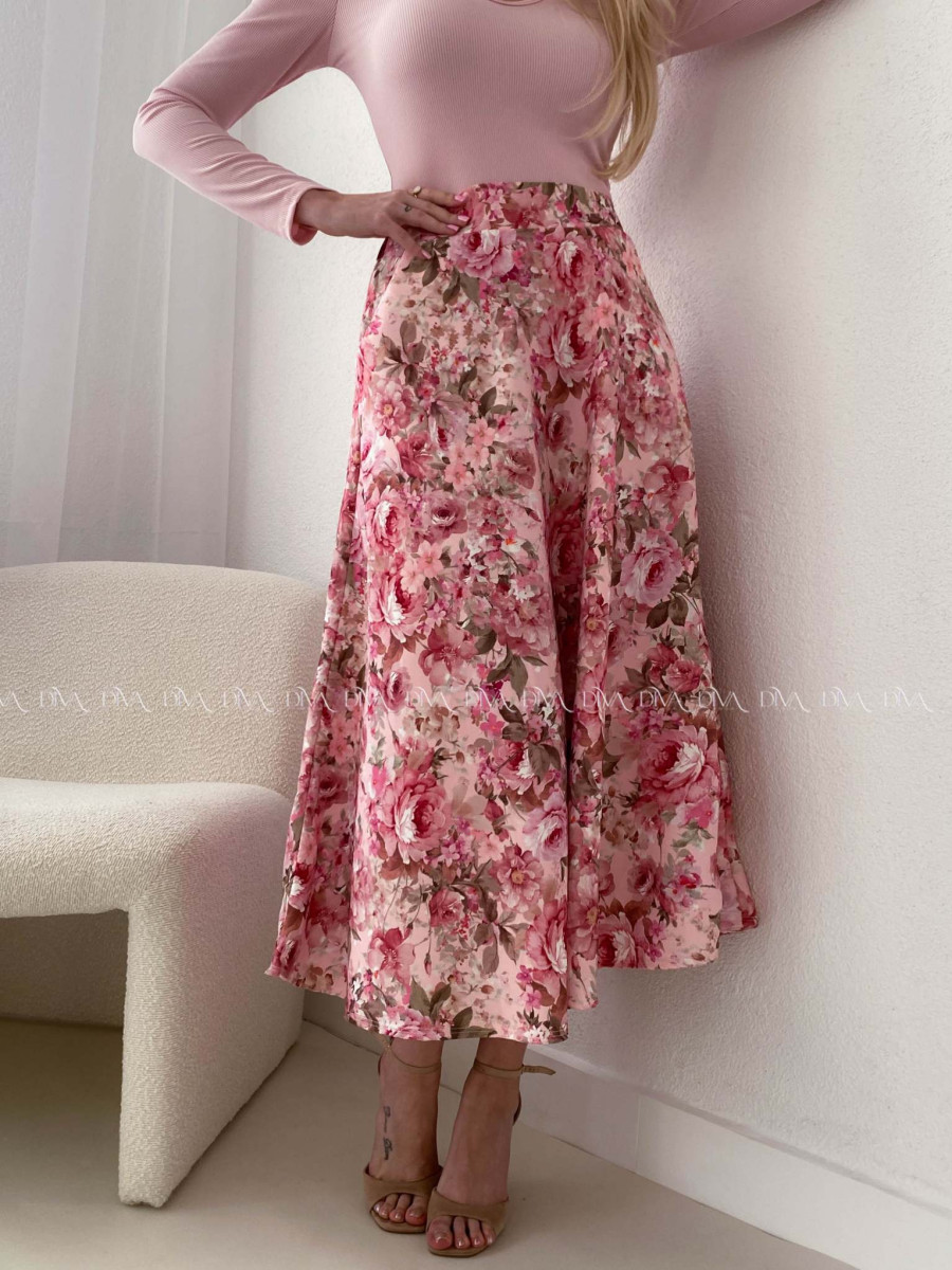 Midi kvetovaná A- sukňa bielo - ružová AB 106