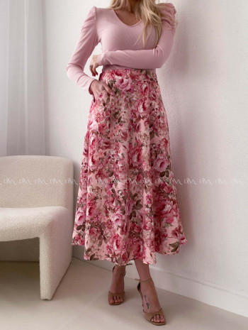Midi kvetovaná A- sukňa bielo - ružová AB 106