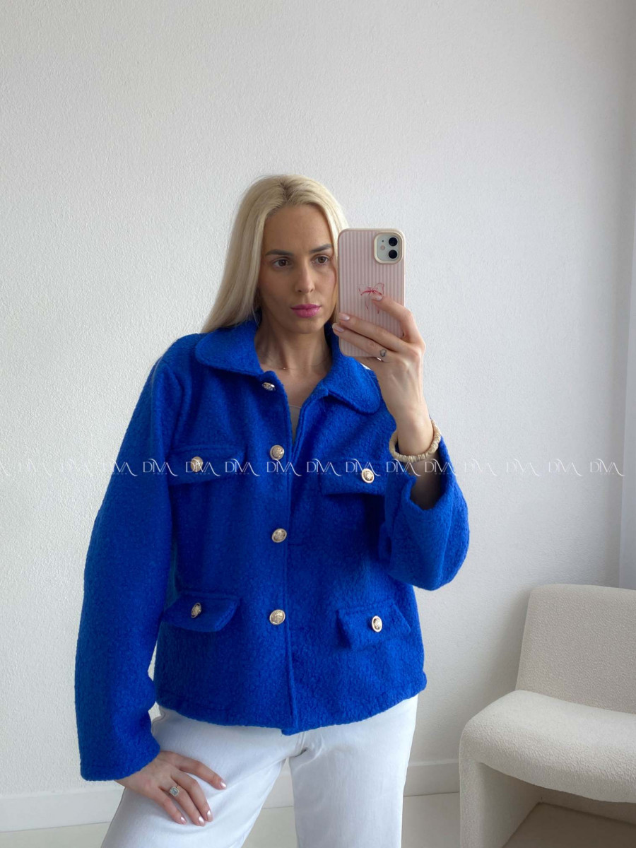 Bouclé bunda do pása kráľovská modrá AB 60