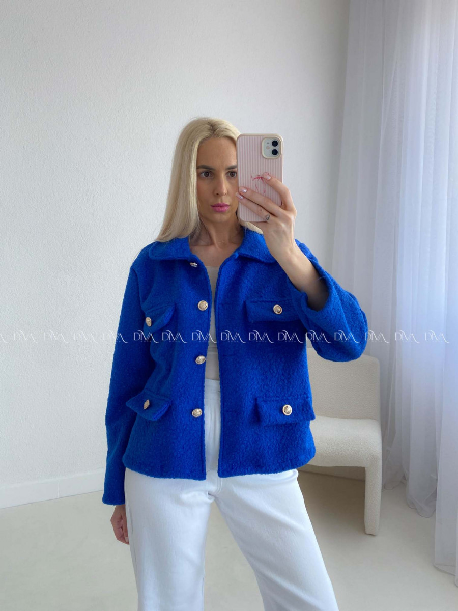 Bouclé bunda do pása kráľovská modrá AB 60