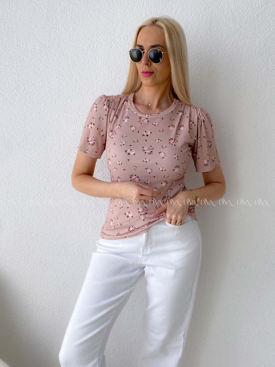 Rebrovaný top s puf rukávmi kvetinkový béžový AB 109