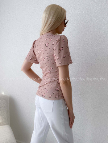 Rebrovaný top s puf rukávmi kvetinkový béžový AB 109