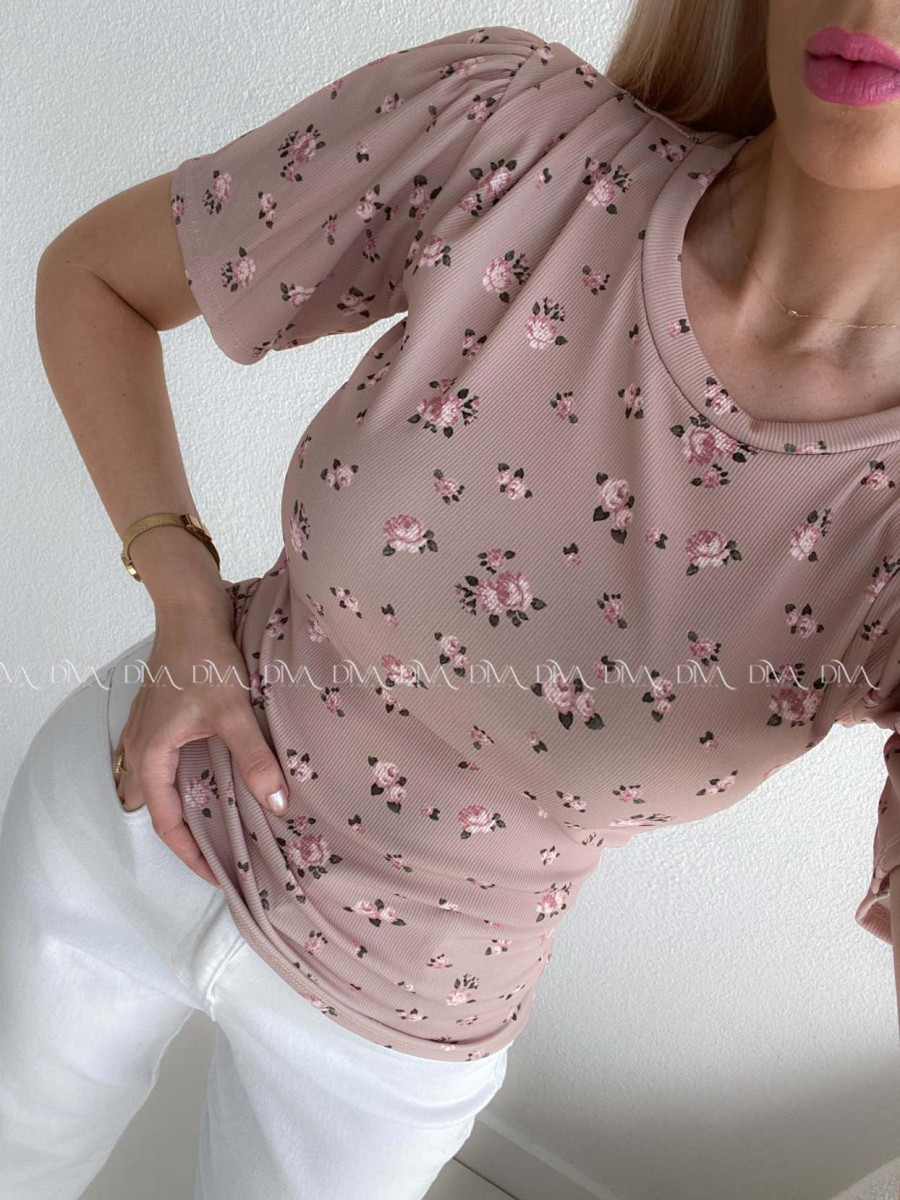 Rebrovaný top s puf rukávmi kvetinkový béžový AB 109