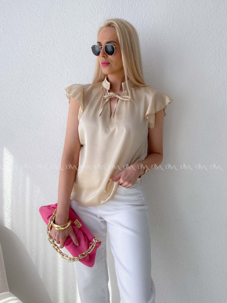 Saténová blúzka s volánikmi béžovo-zlatá AB 303
