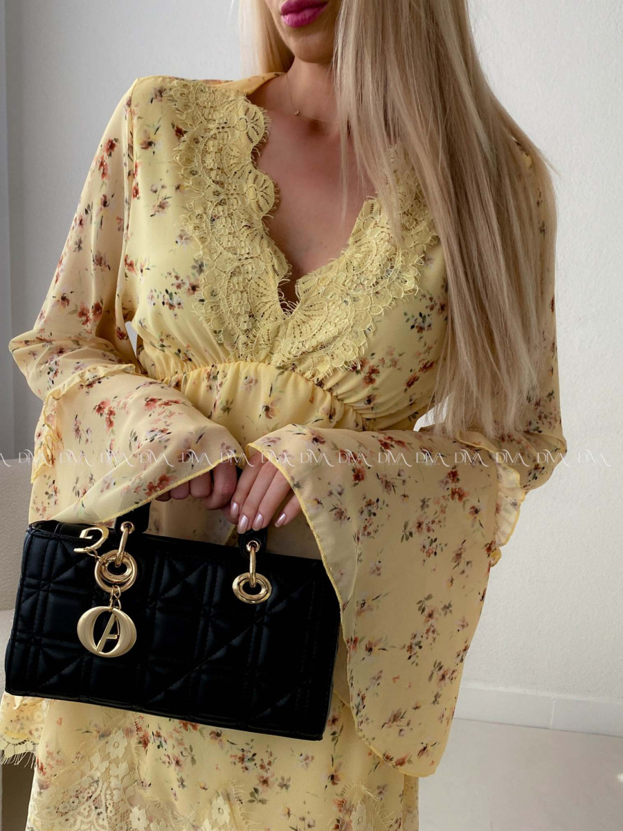 Ľahké kvetinkové šaty s krajkou a zvonovými rukávmi žlté AB 230