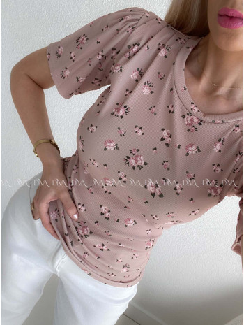 Rebrovaný top s puf rukávmi kvetinkový béžový AB 109