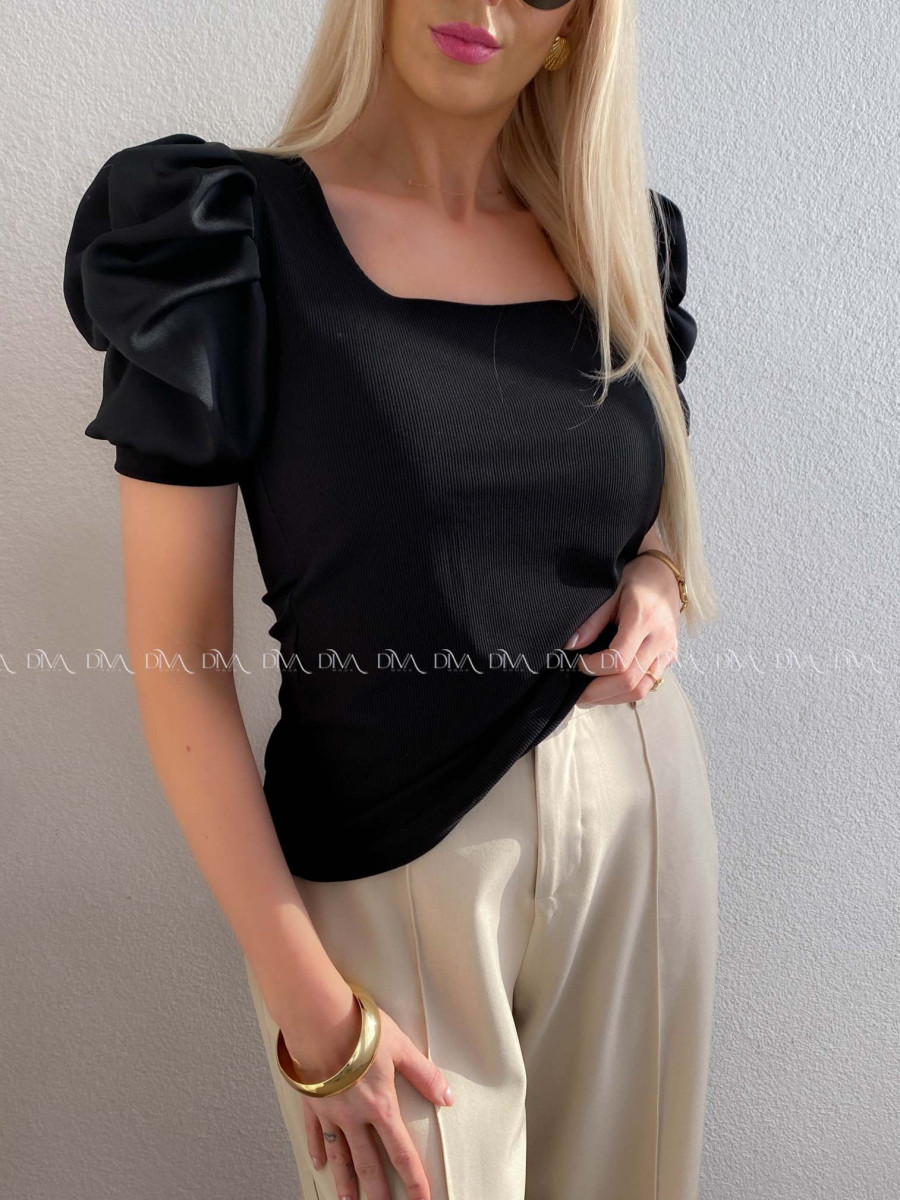 Top so saténovými puf rukávmi čierny AB 301