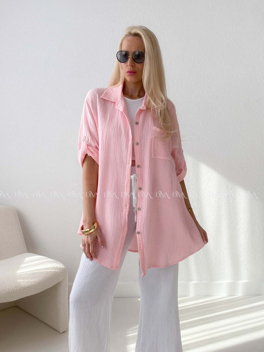 Mušelínová oversize košeľa s vreckom ružová AB 314