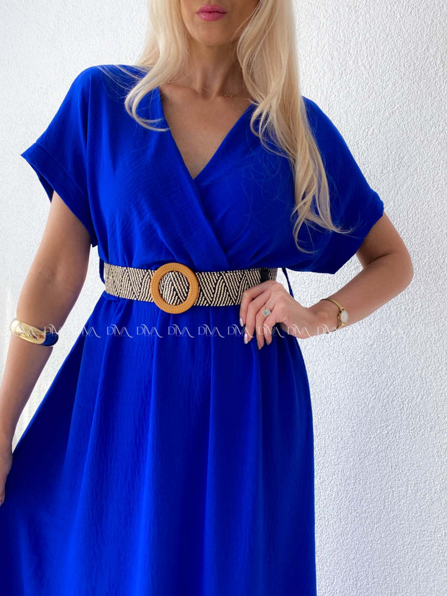 Maxi šaty s prepletaným opaskom kráľovská modrá AB 369