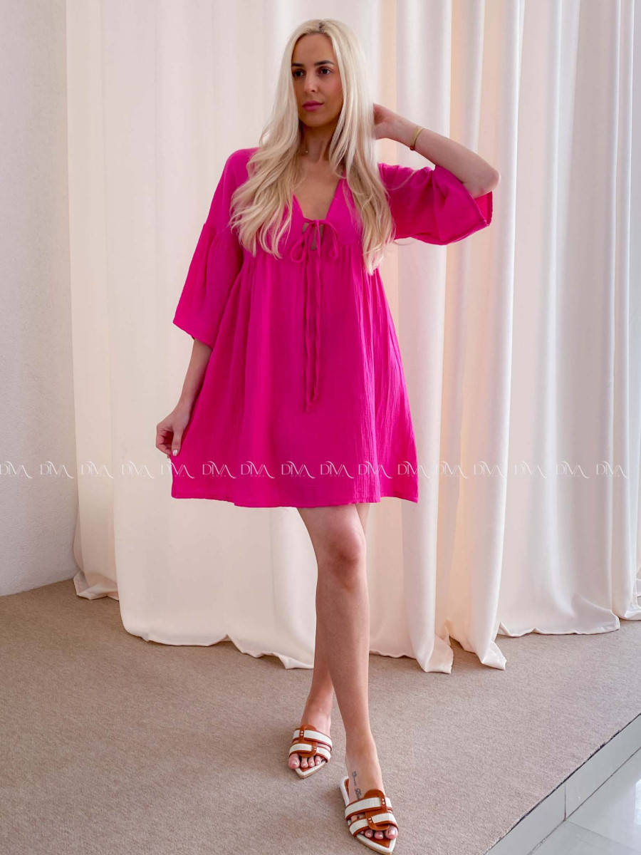 Mušelínové krátke šaty s viazaním fuchsia AB 400