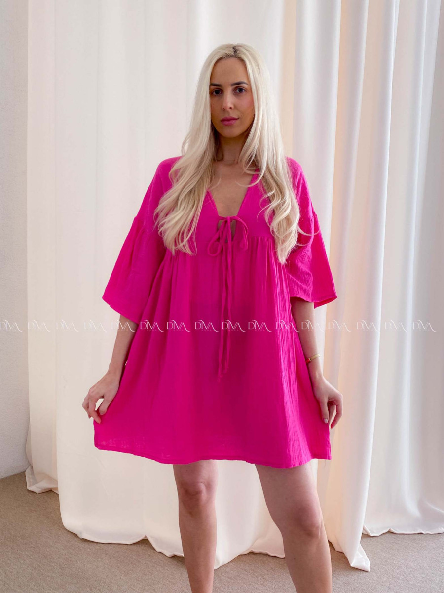 Mušelínové krátke šaty s viazaním fuchsia AB 400