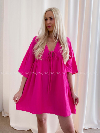 Mušelínové krátke šaty s viazaním fuchsia AB 400