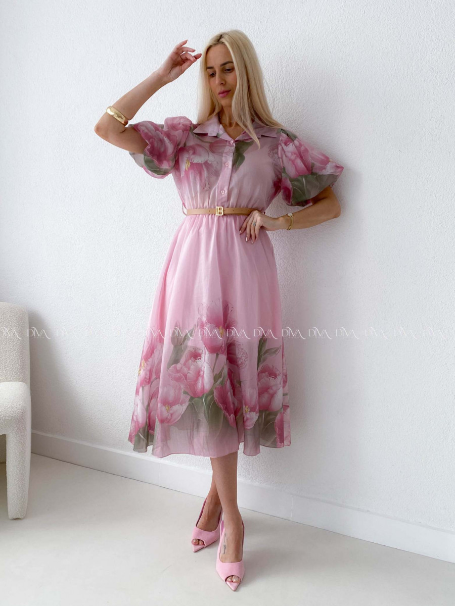 Ľahučké spoločenské šaty s puf rukávmi tulip ružové AB 98