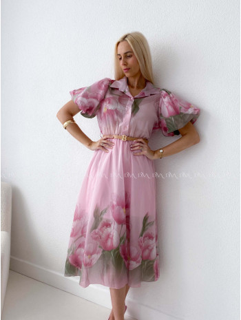 Ľahučké spoločenské šaty s puf rukávmi tulip ružové AB 98