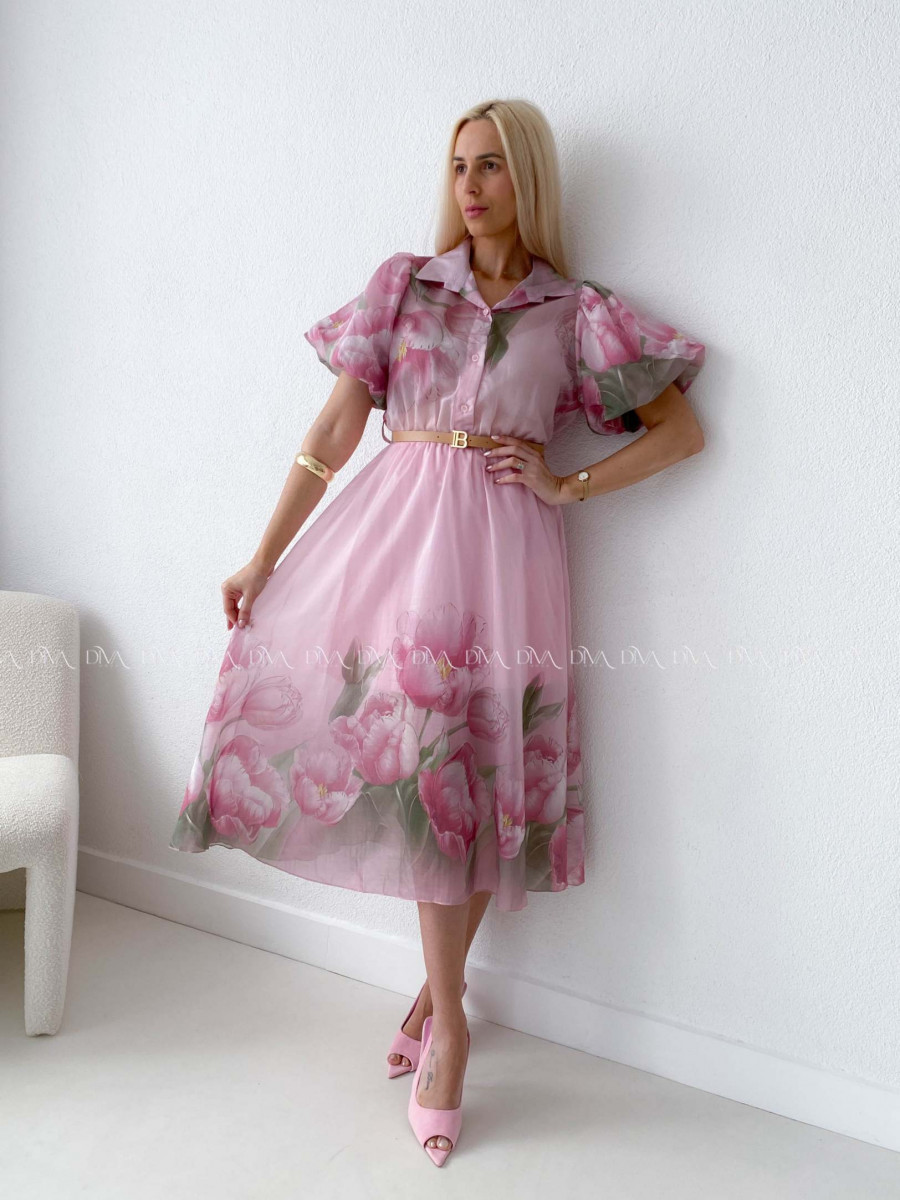 Ľahučké spoločenské šaty s puf rukávmi tulip ružové AB 98