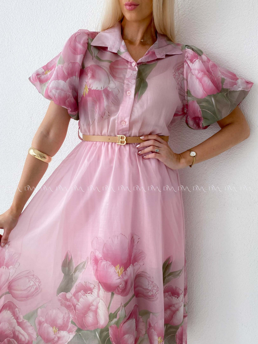 Ľahučké spoločenské šaty s puf rukávmi tulip ružové AB 98