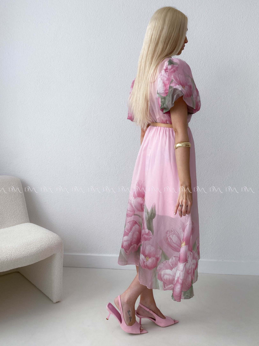 Ľahučké spoločenské šaty s puf rukávmi tulip ružové AB 98