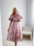 Ľahučké spoločenské šaty s puf rukávmi tulip ružové AB 98