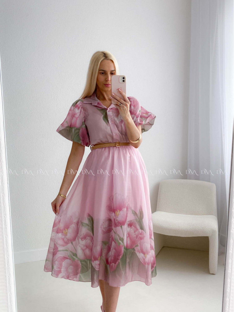 Ľahučké spoločenské šaty s puf rukávmi tulip ružové AB 98