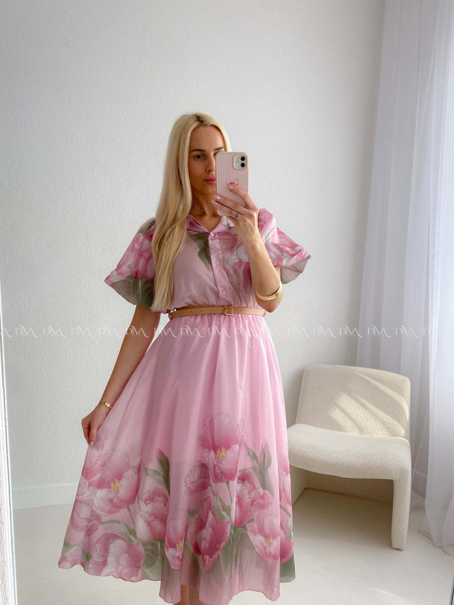 Ľahučké spoločenské šaty s puf rukávmi tulip ružové AB 98