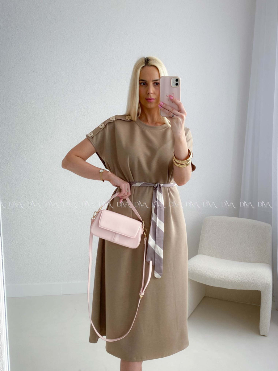 Hladké maxi šaty s gombíkmi a opaskom zemitá hnedá AB 256