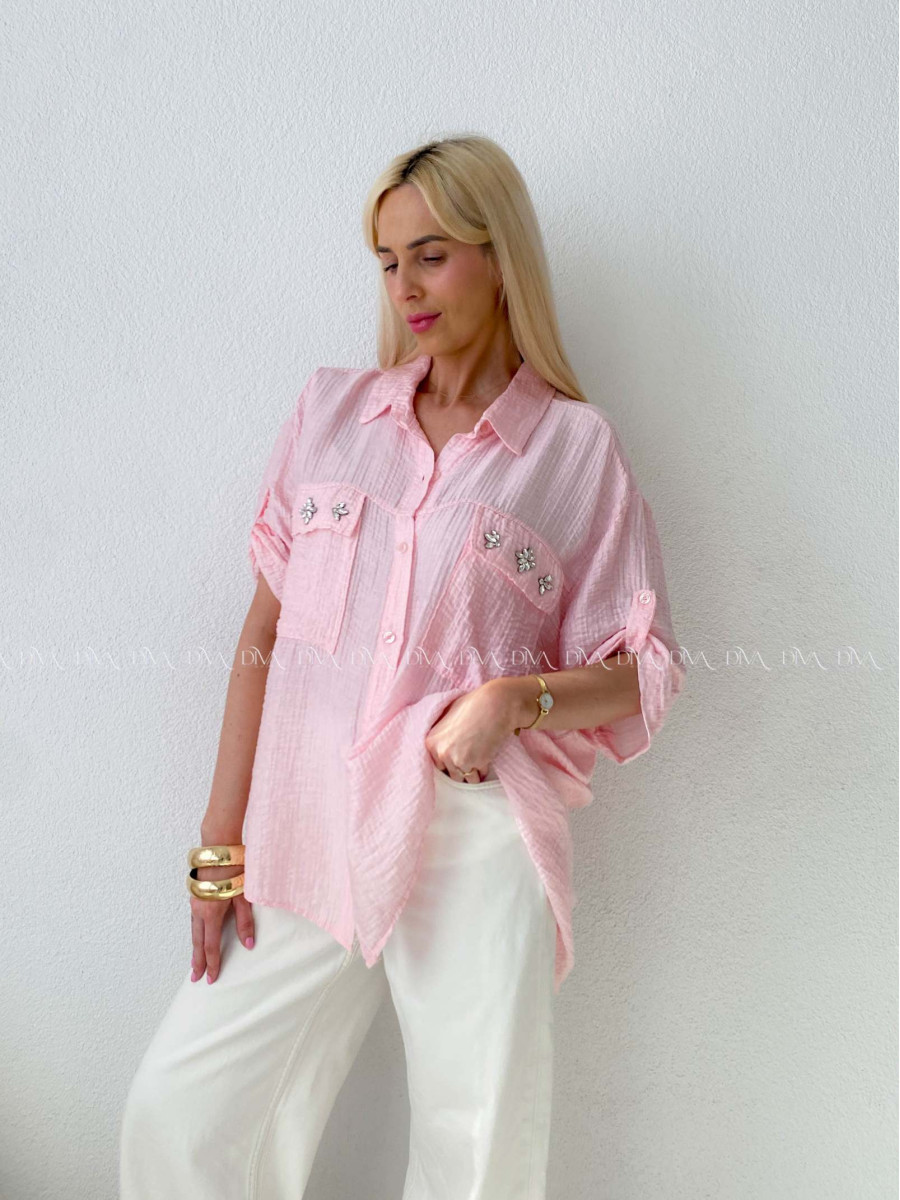 Ľahká krepová košeľa s kamienkami ružová AB 137