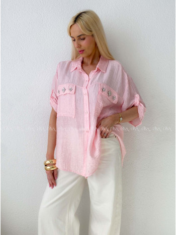 Ľahká krepová košeľa s kamienkami ružová AB 137