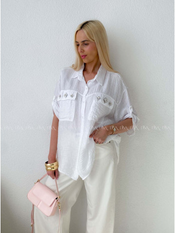 Ľahká krepová košeľa s kamienkami biela AB 137