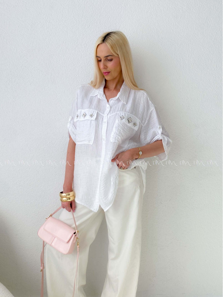 Ľahká krepová košeľa s kamienkami biela AB 137