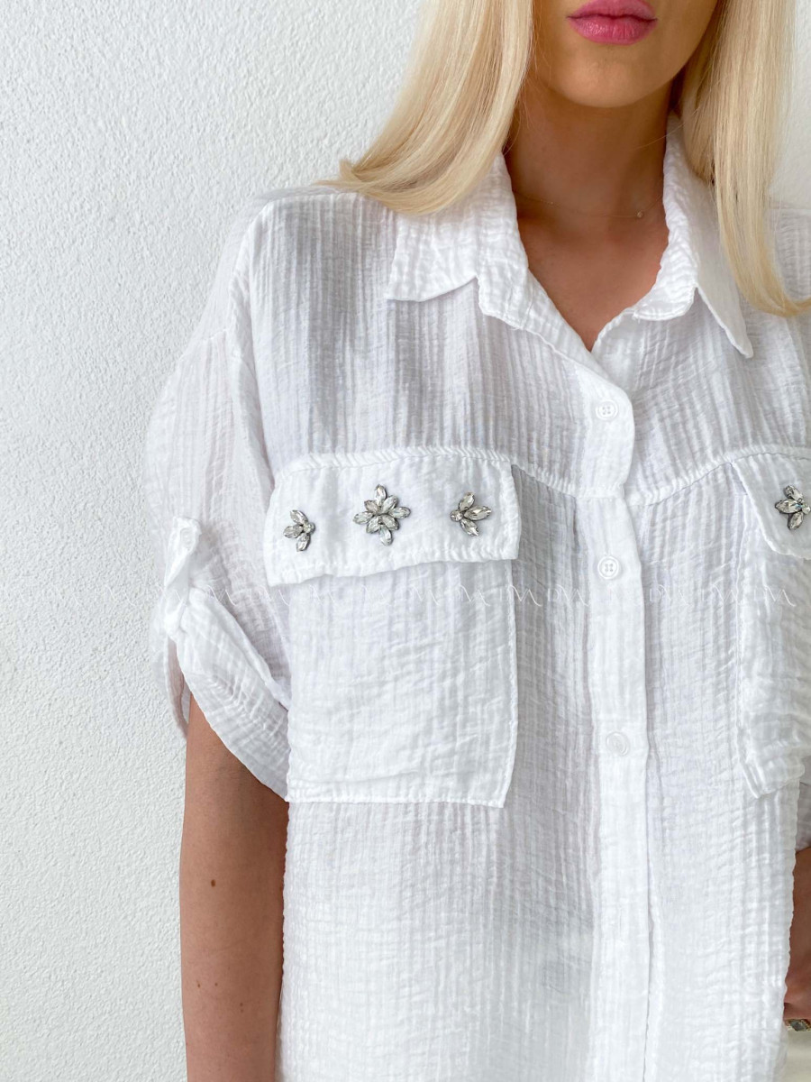 Ľahká krepová košeľa s kamienkami biela AB 137
