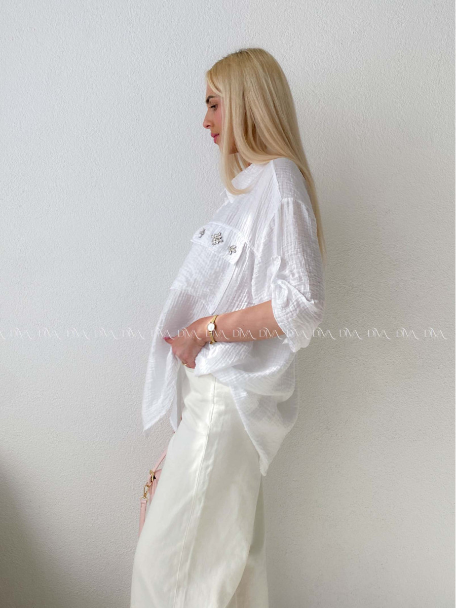 Ľahká krepová košeľa s kamienkami biela AB 137