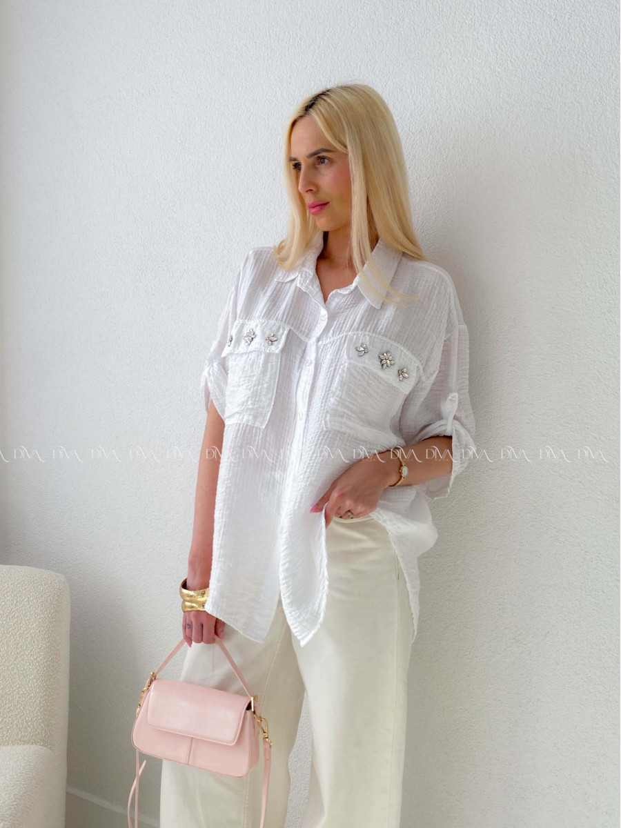 Ľahká krepová košeľa s kamienkami biela AB 137