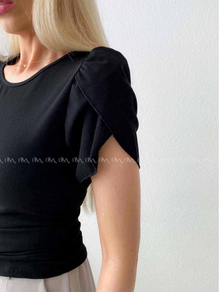 Rebrovaný top s tulipánovými rukávmi čierny AB 200