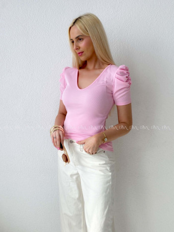 Rebrovaný top s riasenými rukávmi ružový Mirau AB 204
