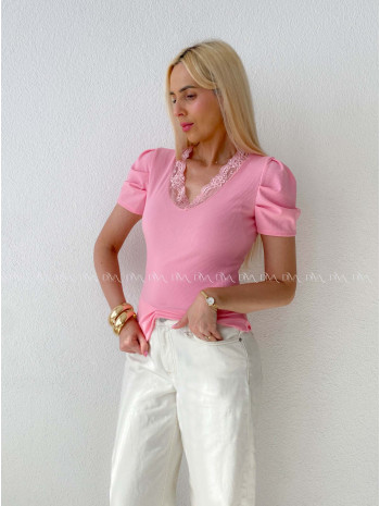 Rebrovaný top s krajkovaným detailom ružový AB 202