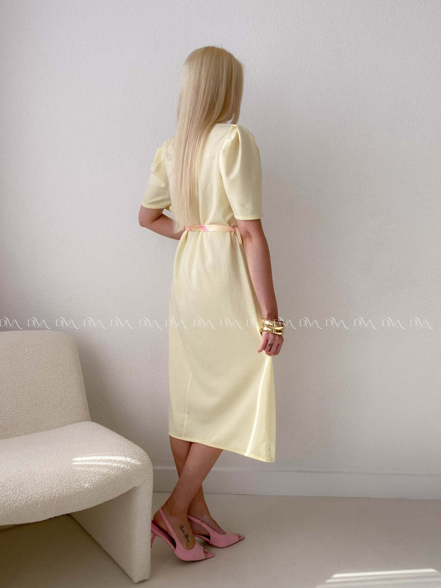 Hladké midi šaty s tulipánovými rukávmi butter yellow AB 162