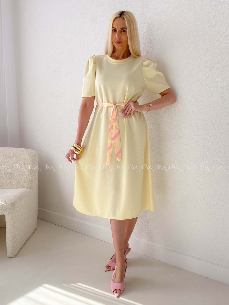 Hladké midi šaty s tulipánovými rukávmi butter yellow AB 162