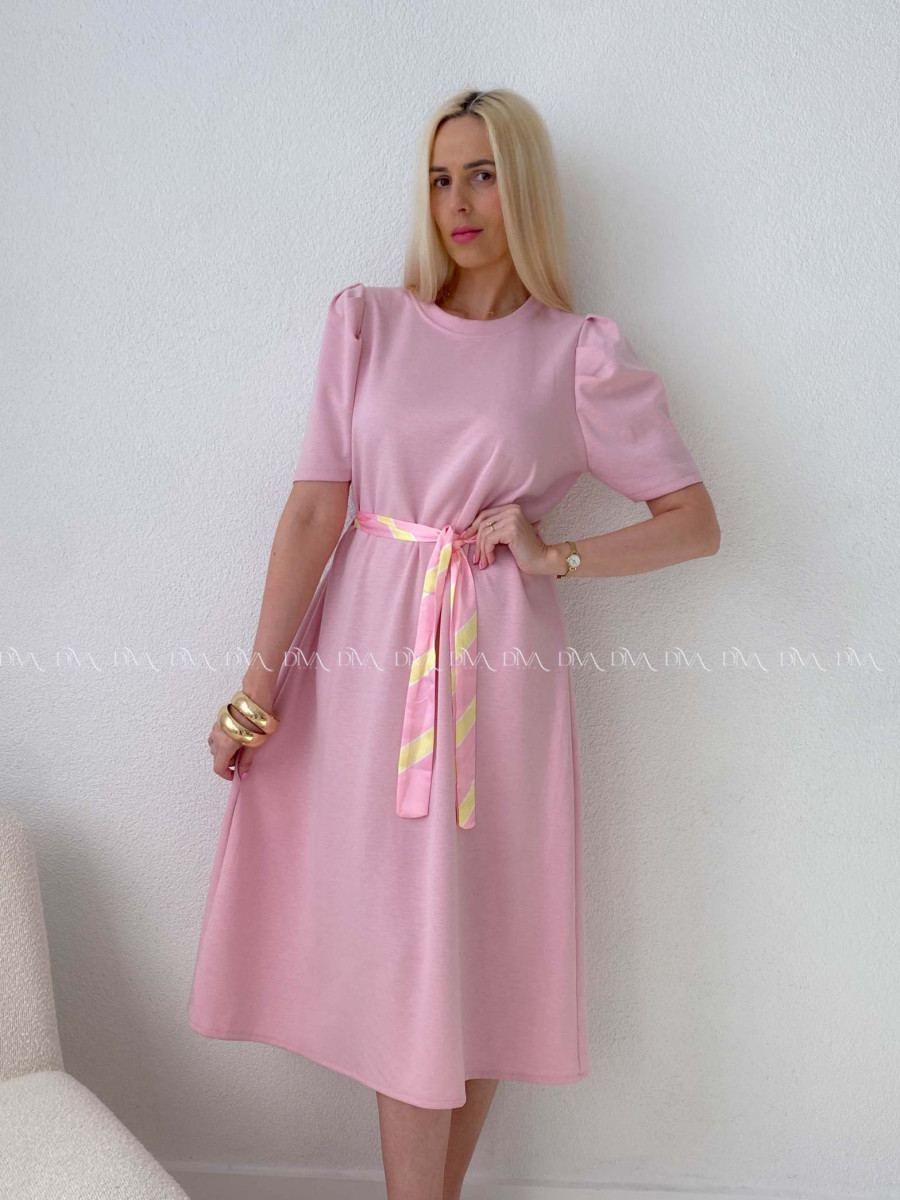 Hladké midi šaty s tulipánovými rukávmi ružové AB 162