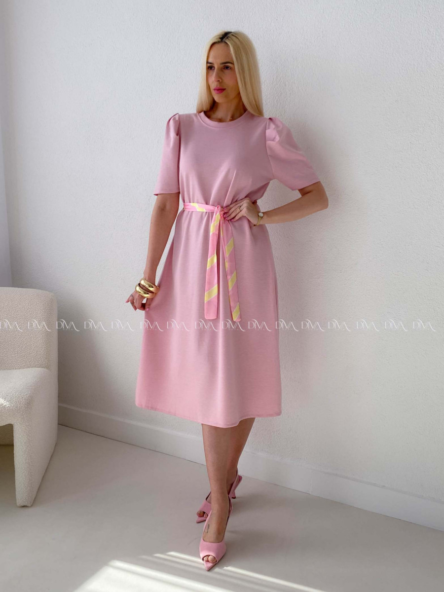 Hladké midi šaty s tulipánovými rukávmi ružové AB 162