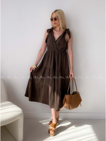 Mušelínové maxi šaty s viazaním na ramenách čokoládové AB 159