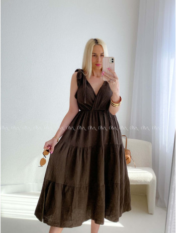 Mušelínové maxi šaty s viazaním na ramenách čokoládové AB 159