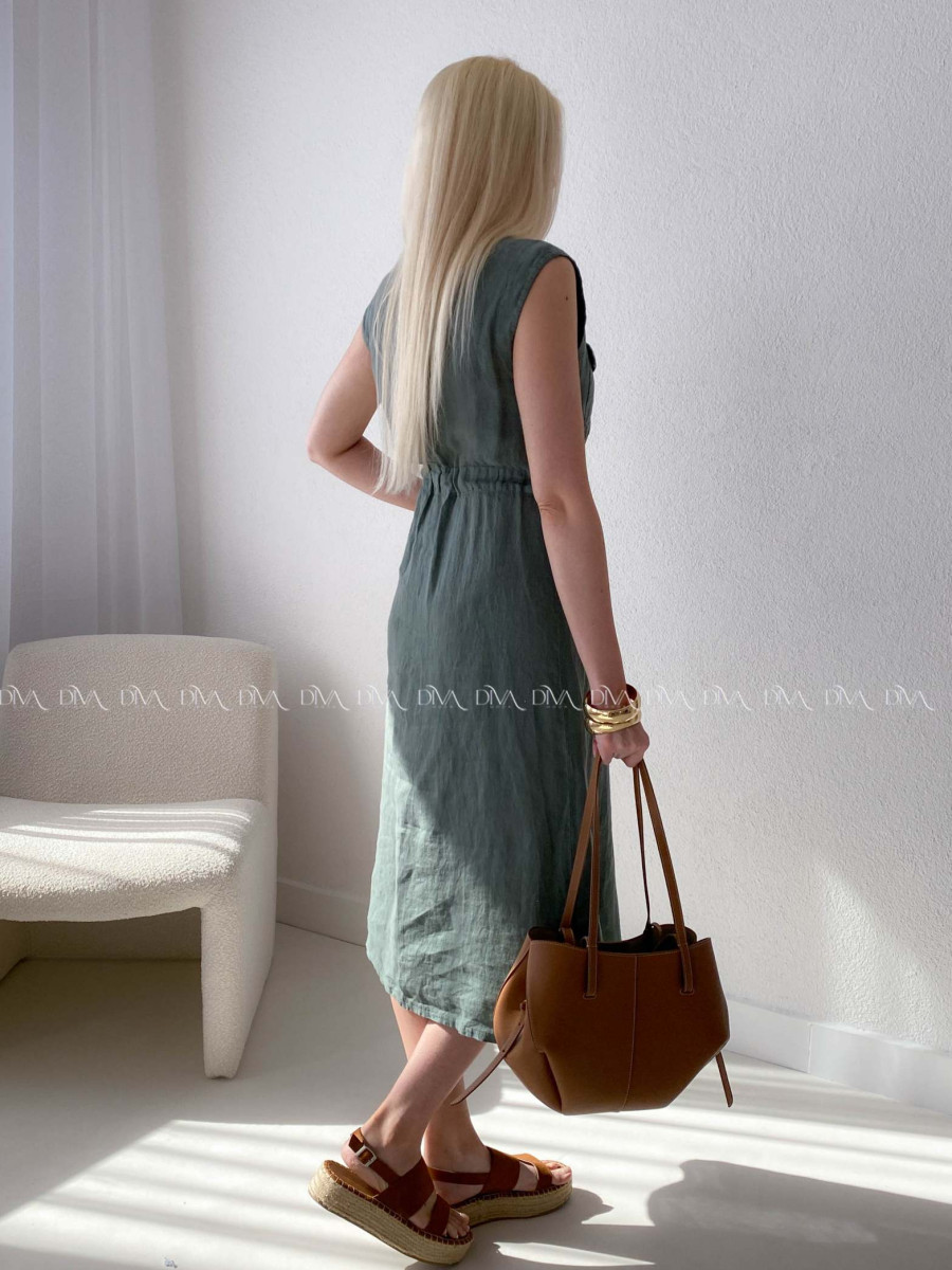 Ľanové midi šaty so sťahovaním v páse khaki AB 143