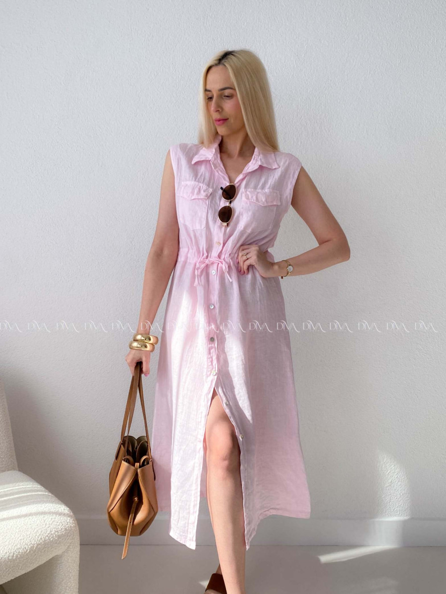 Ľanové midi šaty so sťahovaním v páse ružové AB 143